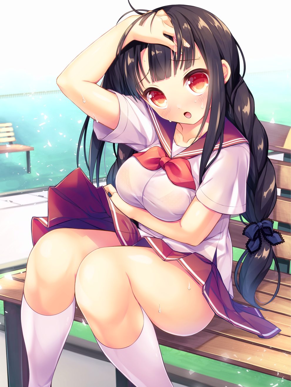 1girl, :o, arm_up, bangs, bench, black_hair, blue_bow, blunt_bangs