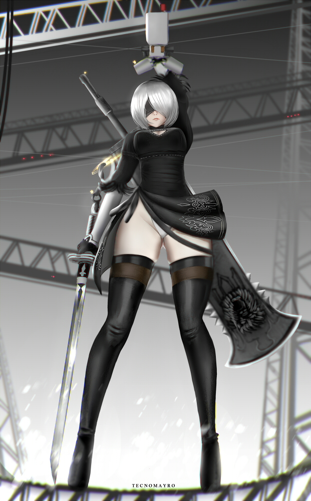 1girl, black_blindfold, black_boots, black_dress, black_hairband, blindfold, boots, breasts, cleavage_cutout, dress, facing_viewer, feather-trimmed_sleeves, hairband, highleg, highleg_leotard, huge_weapon, juliet_sleeves, leotard, long_sleeves, medium_breasts, mole, mole_under_mouth, nier_(series), nier_automata, pod_(nier_automata), puffy_sleeves, short_hair, silver_hair, solo, sword, tecnomayro, thigh-highs, thigh_boots, thighhighs_under_boots, vambraces, weapon, weapon_on_back, white_leotard, yorha_no._2_type_b
