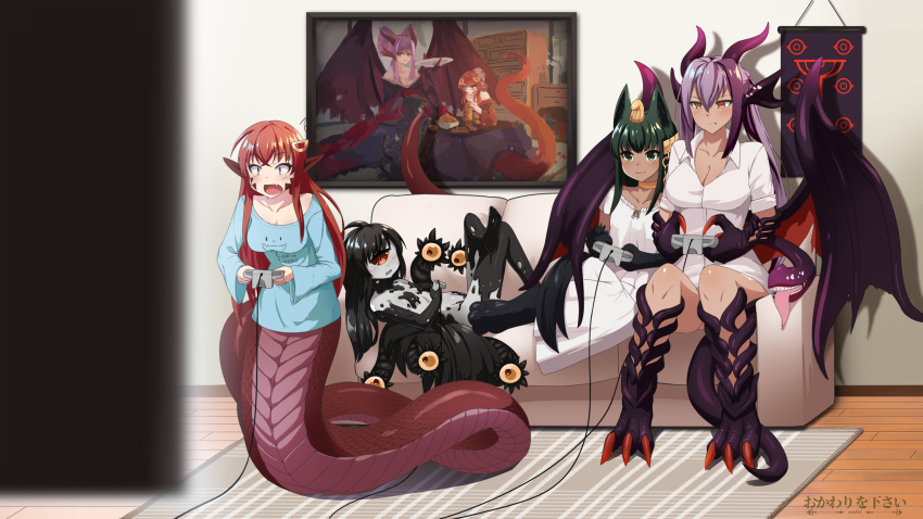 >:t, 4girls, :3, :o, :t, animal_ears, anubis_(monster_girl_encyclopedia), black_hair