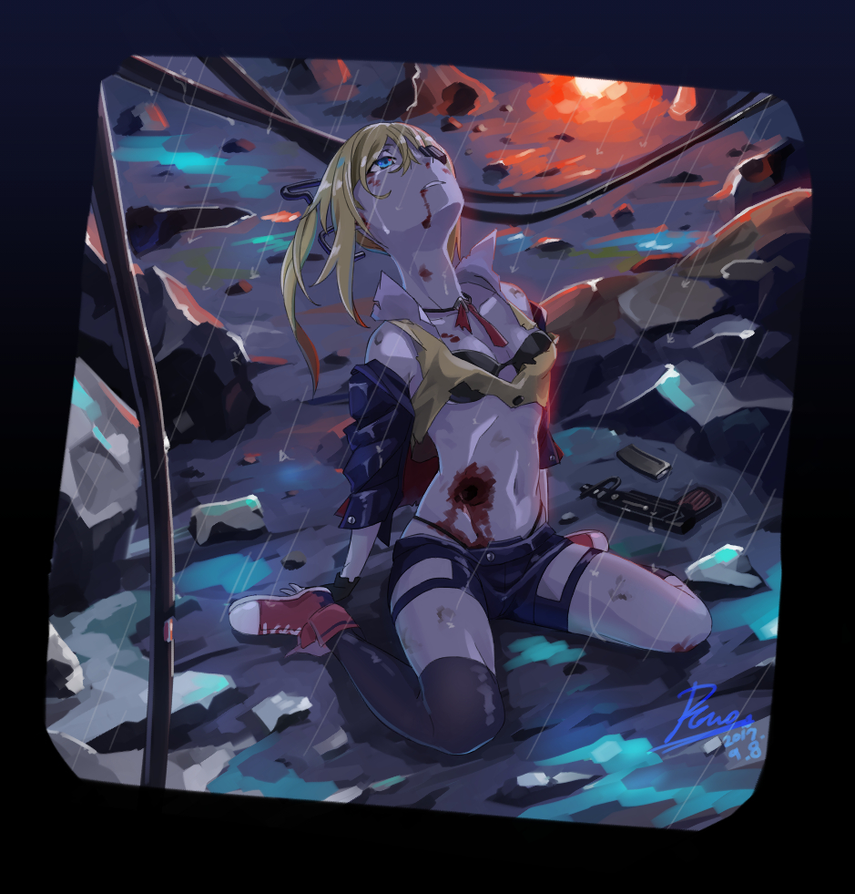 1girl, 2017, black_bra, black_legwear, black_shorts, blonde_hair, blood, blood_from_mouth, blood_on_face, blue_eyes, bra, breasts, cable, choker, comand3, commentary, crying, crying_with_eyes_open, dated, eyepatch, fire, full_body, girls_frontline, gun, gunshot_wound, hair_between_eyes, looking_up, magazine_(weapon), medium_breasts, navel, night, number, on_ground, outdoors, parted_lips, rain, red_shoes, rock, shirt, shoes, shorts, signature, single_thighhigh, sitting, skorpion_vz._61, solo, submachine_gun, tears, thigh-highs, torn_clothes, torn_shirt, twintails, underwear, vz.61_(girls_frontline), wariza, weapon, wet