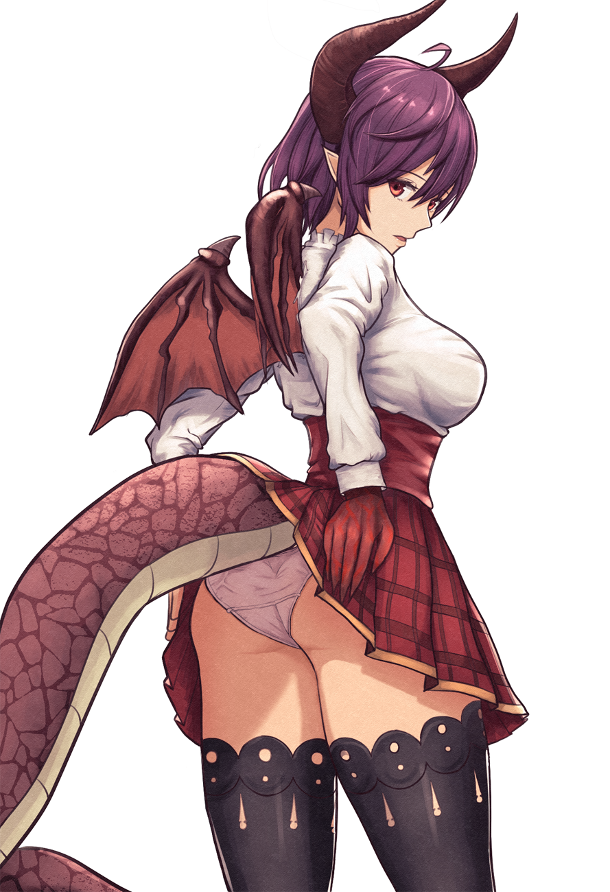 1girl, ass, black_legwear, breasts, cowboy_shot, dragon_horns, dragon_tail, dragon_wings