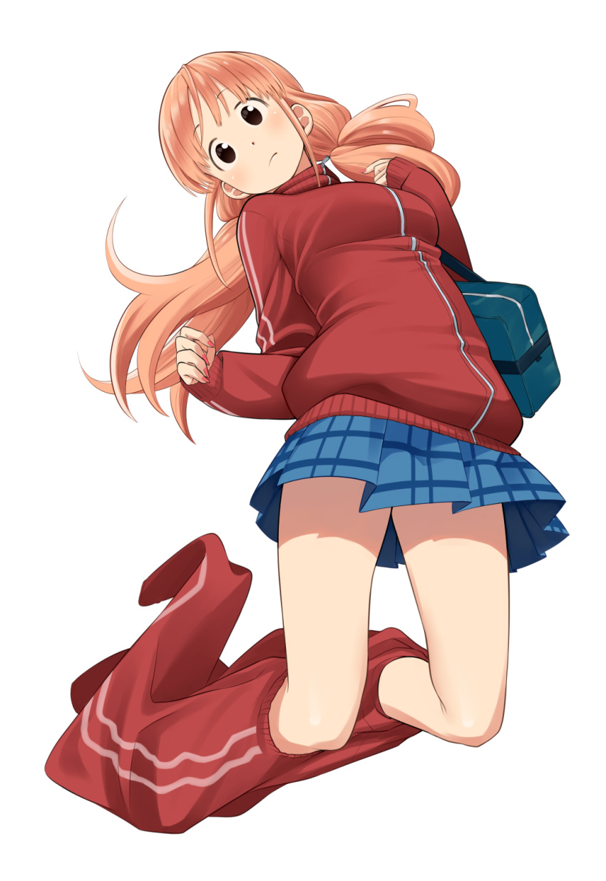 1girl, highres, hoshino_me_wo_tsubutte., hoshino_misaki, jacket, long_hair, low_twintails, nagashii_kouhei, orange_hair, pants, school_uniform, skirt, solo, track_jacket, track_pants, track_suit, transparent_background, twintails
