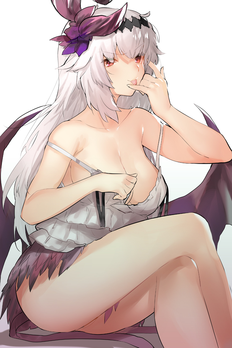 1girl, bare_shoulders, breasts, cleavage, collarbone, dark_jeanne, demon_wings, granblue_fantasy, jeanne_d'arc_(granblue_fantasy), large_breasts, long_hair, looking_at_viewer, naso4, red_eyes, simple_background, skirt, smirk, solo, thighs, tongue, white_background, white_hair, wings