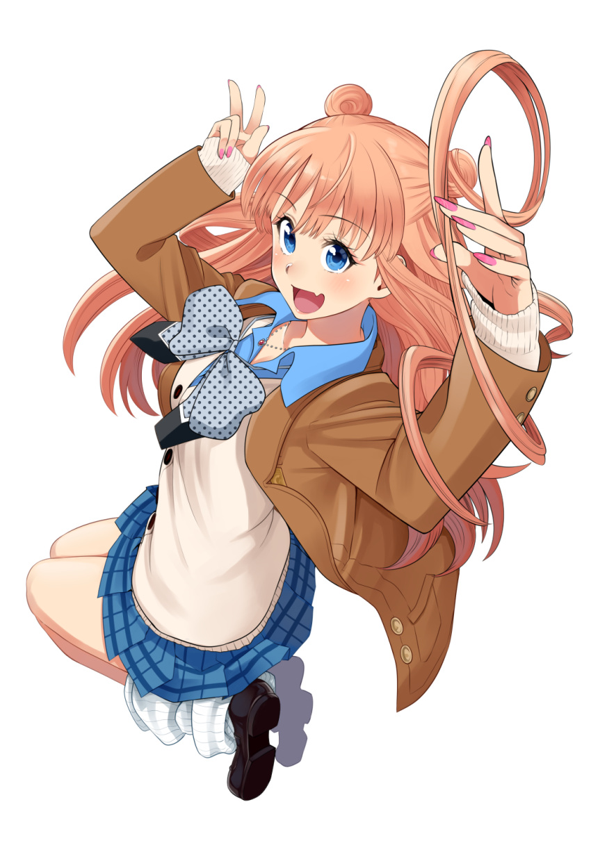 1girl, blue_eyes, bow, bowtie, double_bun, hair_bun, highres, hoshino_me_wo_tsubutte.