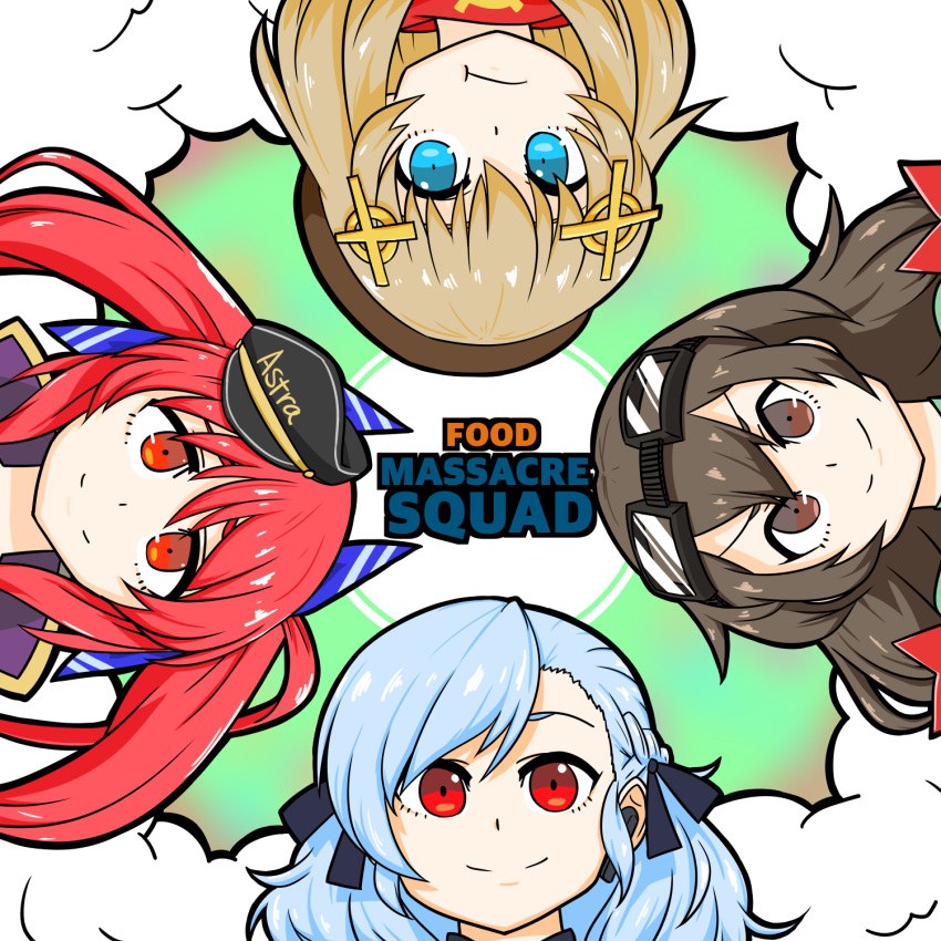 4girls, astra_revolver_(girls_frontline), black_eyes, black_hair, blue_eyes, brown_hair, english, fn_fnc_(girls_frontline), girls_frontline, hair_ornament, hat, highres, long_hair, looking_at_viewer, multiple_girls, red_eyes, redhead, spas-12_(girls_frontline), twintails