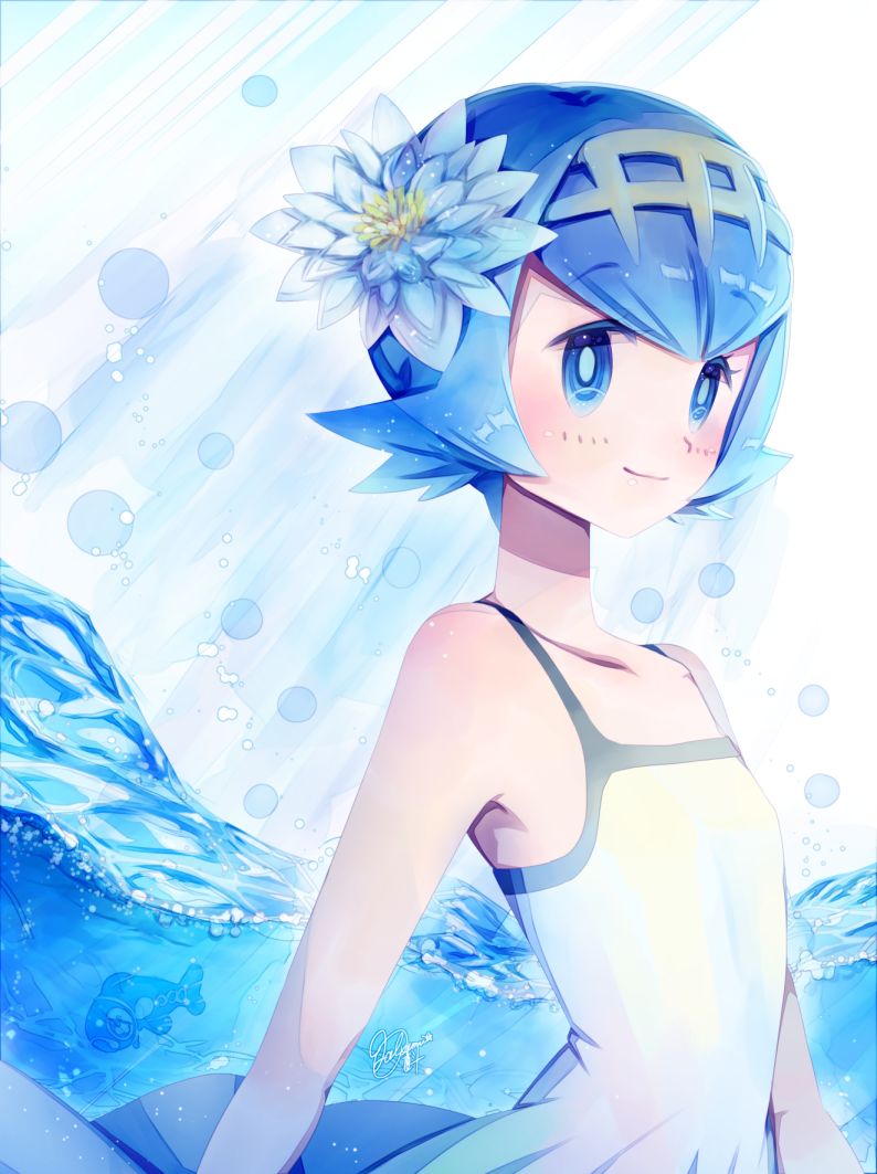 1girl, bare_arms, bare_shoulders, blue_eyes, blush, dress, flower, from_side