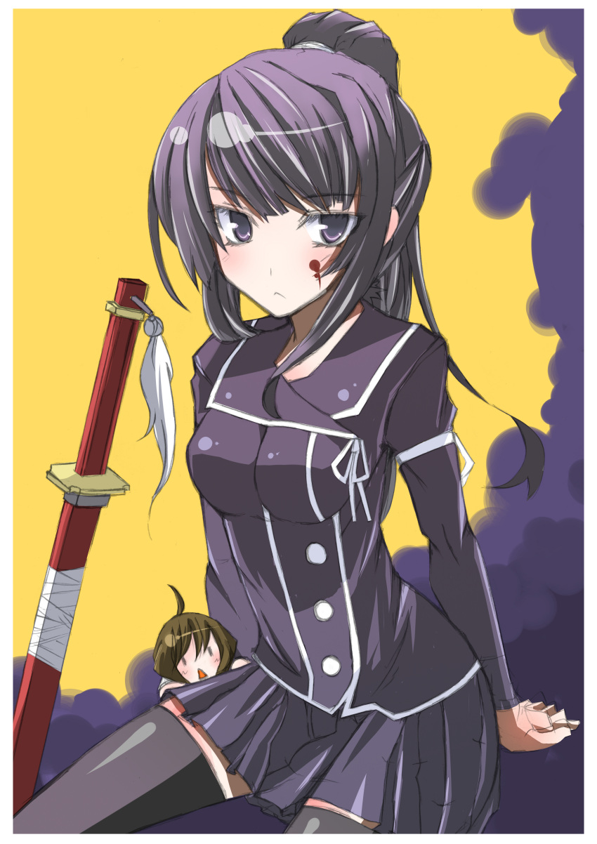 :<, absurdres, ahoge, black_hair, blood, blush, brown_hair, chibi