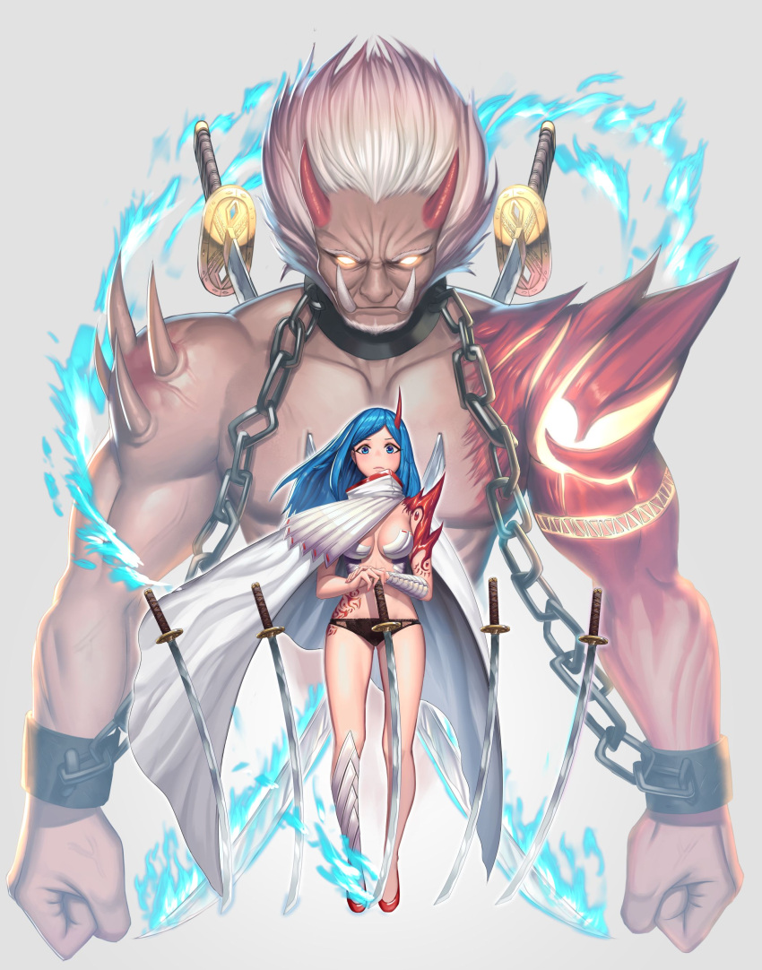 1boy, 1girl, absurdres, bangs, bare_shoulders, beard, black_panties, blue_eyes