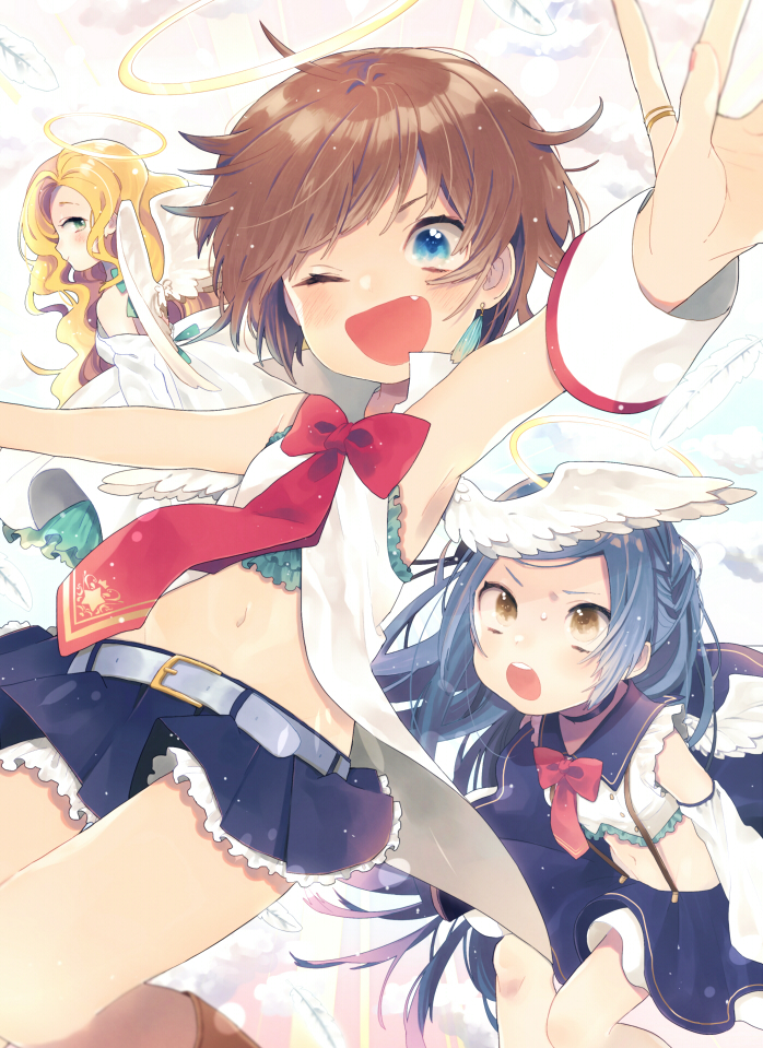 3girls, :o, ;d, angel, angel_wings, bandeau, belt, belt_buckle