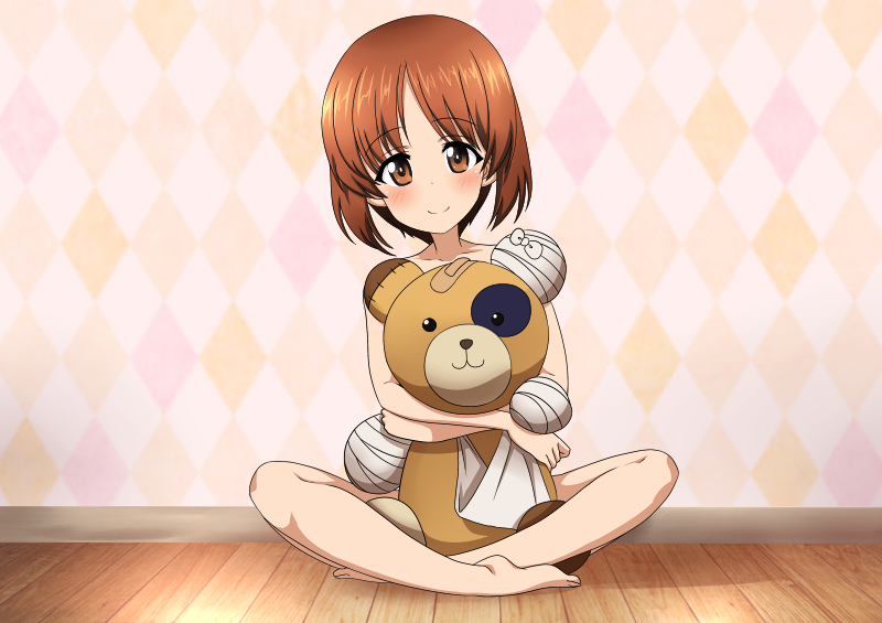 1girl, banages, barefoot, blush, boko_(girls_und_panzer), brown_eyes, brown_hair, collarbone, eyebrows_visible_through_hair, full_body, girls_und_panzer, indian_style, indoors, looking_at_viewer, nekota_susumu, nishizumi_miho, nude, short_hair, sitting, smile, solo, stuffed_animal, stuffed_toy, teddy_bear, wooden_floor