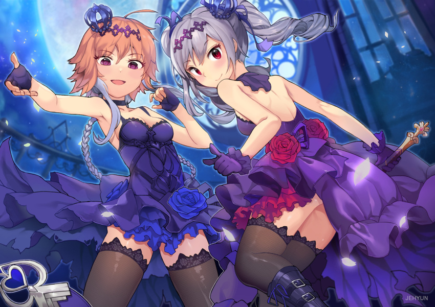 2girls, blush, dark_illuminate, dress, drill_hair, fingerless_gloves, gloves, idolmaster