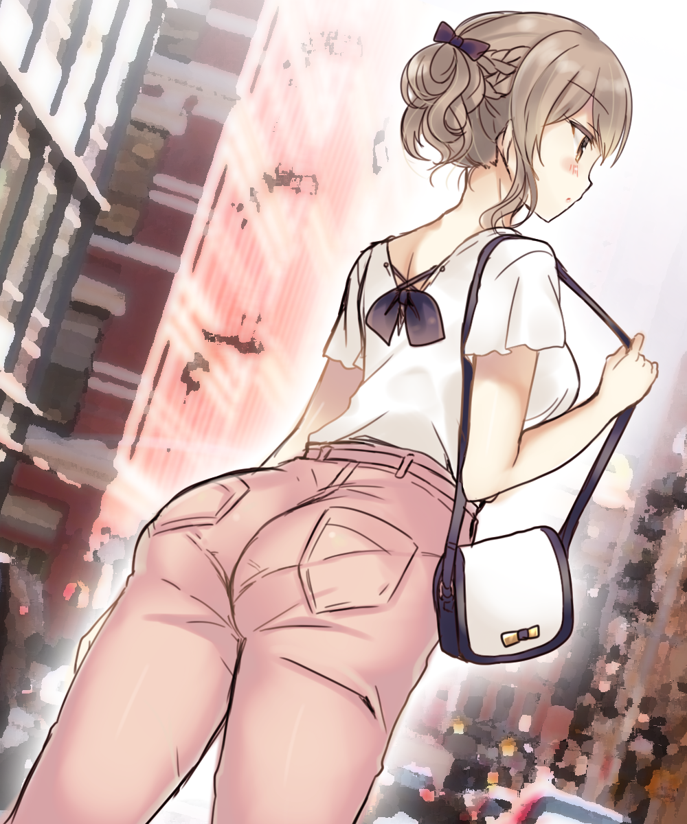 1girl, ass, bag, bangs, blouse, blush, bow, brown_eyes