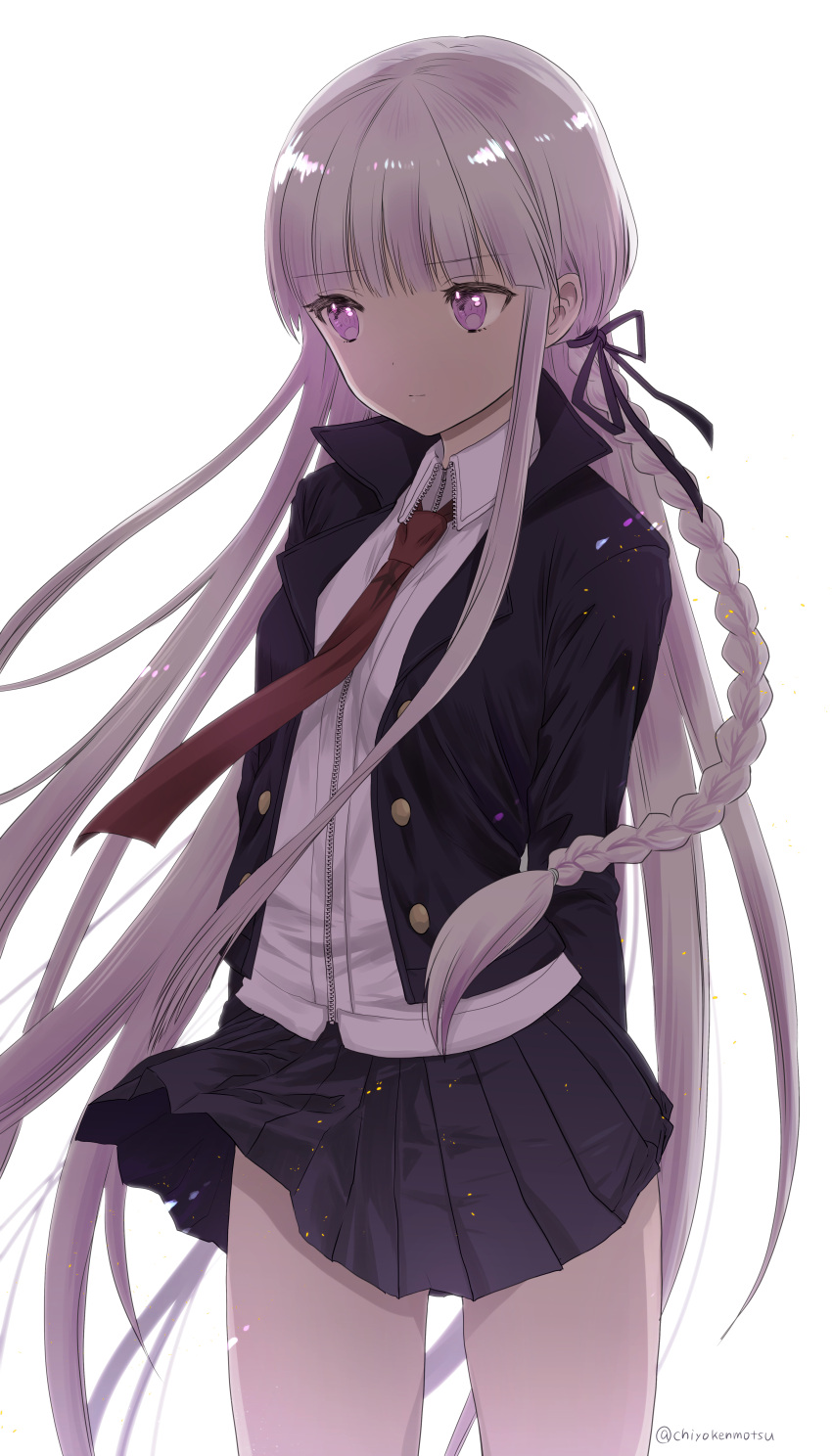 1girl, absurdres, arms_behind_back, black_jacket, black_ribbon, black_skirt, braid, cowboy_shot, dangan_ronpa, dangan_ronpa_1, eyebrows_visible_through_hair, floating_hair, hair_ribbon, highres, jacket, kenmotsu_chiyo, kirigiri_kyouko, long_hair, looking_away, miniskirt, necktie, open_jkacekt, pleated_skirt, red_necktie, ribbon, shirt, silver_hair, simple_background, skirt, solo, standing, very_long_hair, violet_eyes, white_background, white_shirt, zipped