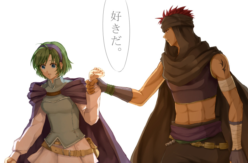 1boy, 1girl, bandage, blue_eyes, cape, couple, delsaber, fingerless_gloves