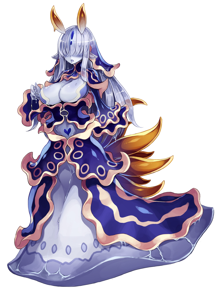 1girl, :o, bangs, blue_dress, blue_hair, blue_skin, blush, breasts