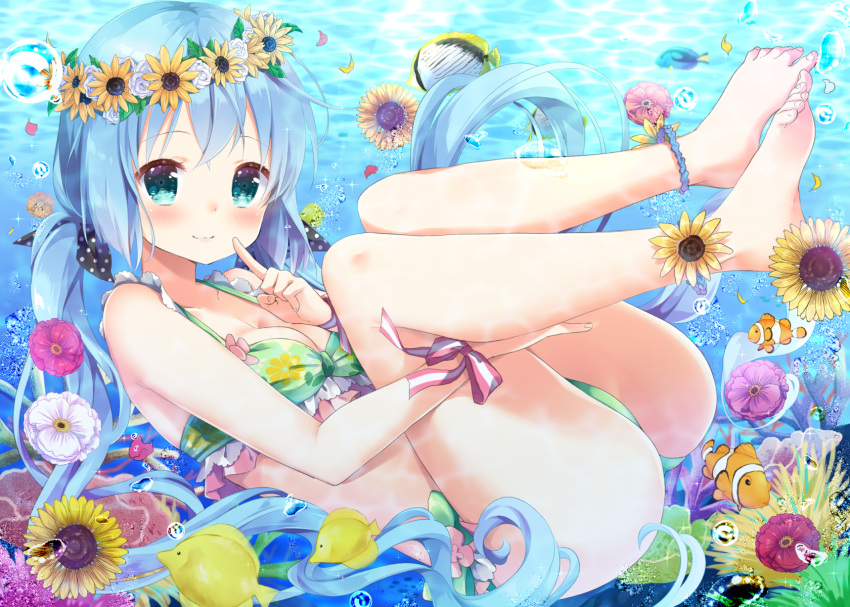 1girl, air_bubble, aqua_eyes, bangs, bare_arms, bare_legs, bare_shoulders, bikini