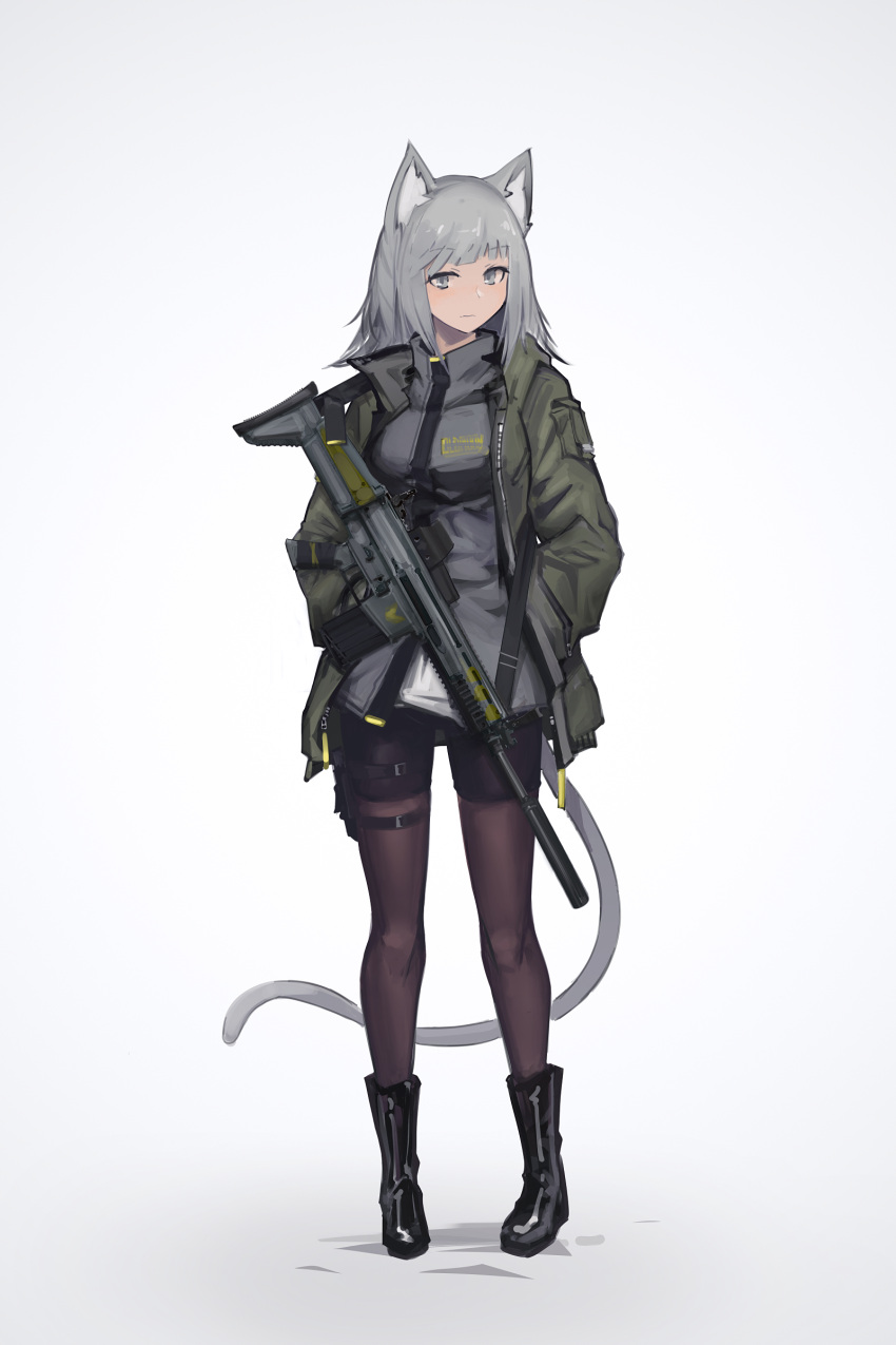 1girl, absurdres, animal_ears, assault_rifle, bangs, black_boots, boots, cat_ears