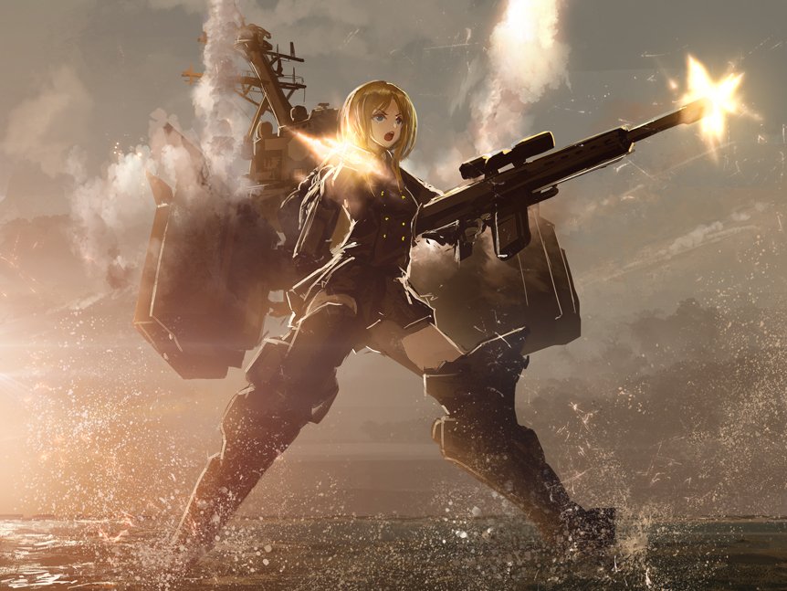 1girl, battleship_(movie), blonde_hair, blue_eyes, destroyer, dual_wielding, firing, full_body, gun, machinery, military, military_uniform, military_vehicle, ocean, open_mouth, personification, shin_guards, ship, sidelocks, skirt, smoke, solo, splashing, standing, standing_on_liquid, tom-neko_(zamudo_akiyuki), uniform, us_navy, uss_john_paul_jones_(ddg-53), warship, water, watercraft, weapon