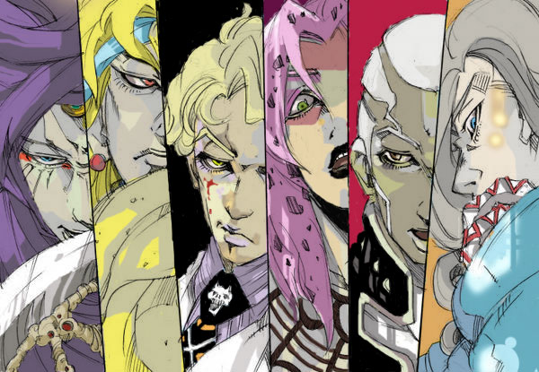 cars_(character), cars_(jojo), column_lineup, diavolo, dio_brando, enrico_pucci, funny_valentine, jojo_no_kimyou_na_bouken, kira_yoshikage, makkamu, steel_ball_run
