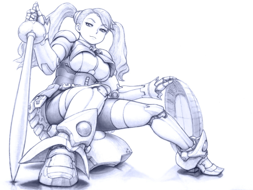 artist_request, commentary_request, gundam, gundam_build_fighters, gundam_build_fighters_try, highres, hyper_gyanko, monochrome, sazaki_kaoruko, shield, sword, twintails, weapon