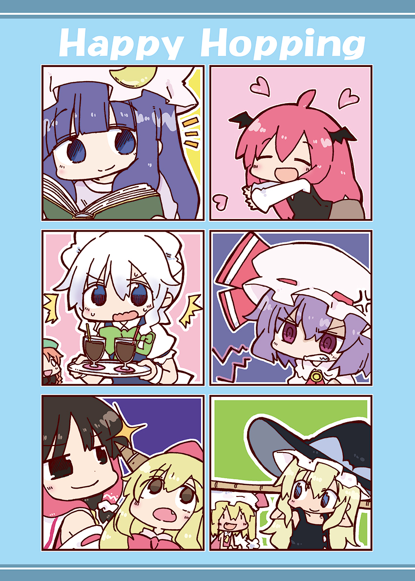 >:d, >:o, /\/\/\, 6+girls, :d, :o, =3, ^_^, ahoge, alternate_eye_color, anger_vein, bamboo_broom, bat_wings, black_dress, blonde_hair, blue_background, blue_dress, blue_eyes, blush, book, bow, braid, brooch, broom, brown_eyes, brown_hair, chibi, clenched_teeth, closed_eyes, crescent, crescent_moon_pin, cup, detached_sleeves, dress, english, fang, flandre_scarlet, frills, green_background, hair_ribbon, hair_tubes, hakurei_reimu, hat, hat_bow, head_wings, heart, holding, holding_book, hong_meiling, horns, ibuki_suika, izayoi_sakuya, jewelry, kasuga_yuuki, kirisame_marisa, koakuma, long_hair, long_sleeves, looking_at_another, looking_at_viewer, looking_to_the_side, maid, maid_headdress, mob_cap, multiple_girls, o_o, open_book, open_mouth, outline, patchouli_knowledge, pink_background, purple_hair, redhead, remilia_scarlet, ribbon, ringed_eyes, shirt, side_ponytail, simple_background, skirt, smile, sparkle, straw, teeth, touhou, tray, tress_ribbon, twin_braids, vest, violet_eyes, white_shirt, wings, witch_hat, yellow_background