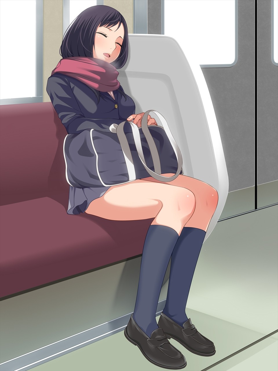 1girl, bad_id, bad_pixiv_id, bag, black_hair, blue_legwear, blush, breast_grab