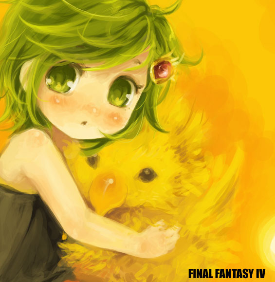 1girl, :o, animal, animal_hug, bangs, bare_arms, bare_shoulders, bird, black_dress, blush, chick, child, chocobo, commentary_request, copyright_name, dress, final_fantasy, final_fantasy_iv, green_eyes, green_hair, hair_ornament, kurai_(campanella), looking_at_viewer, looking_to_the_side, parted_lips, rydia, sleeveless, sleeveless_dress