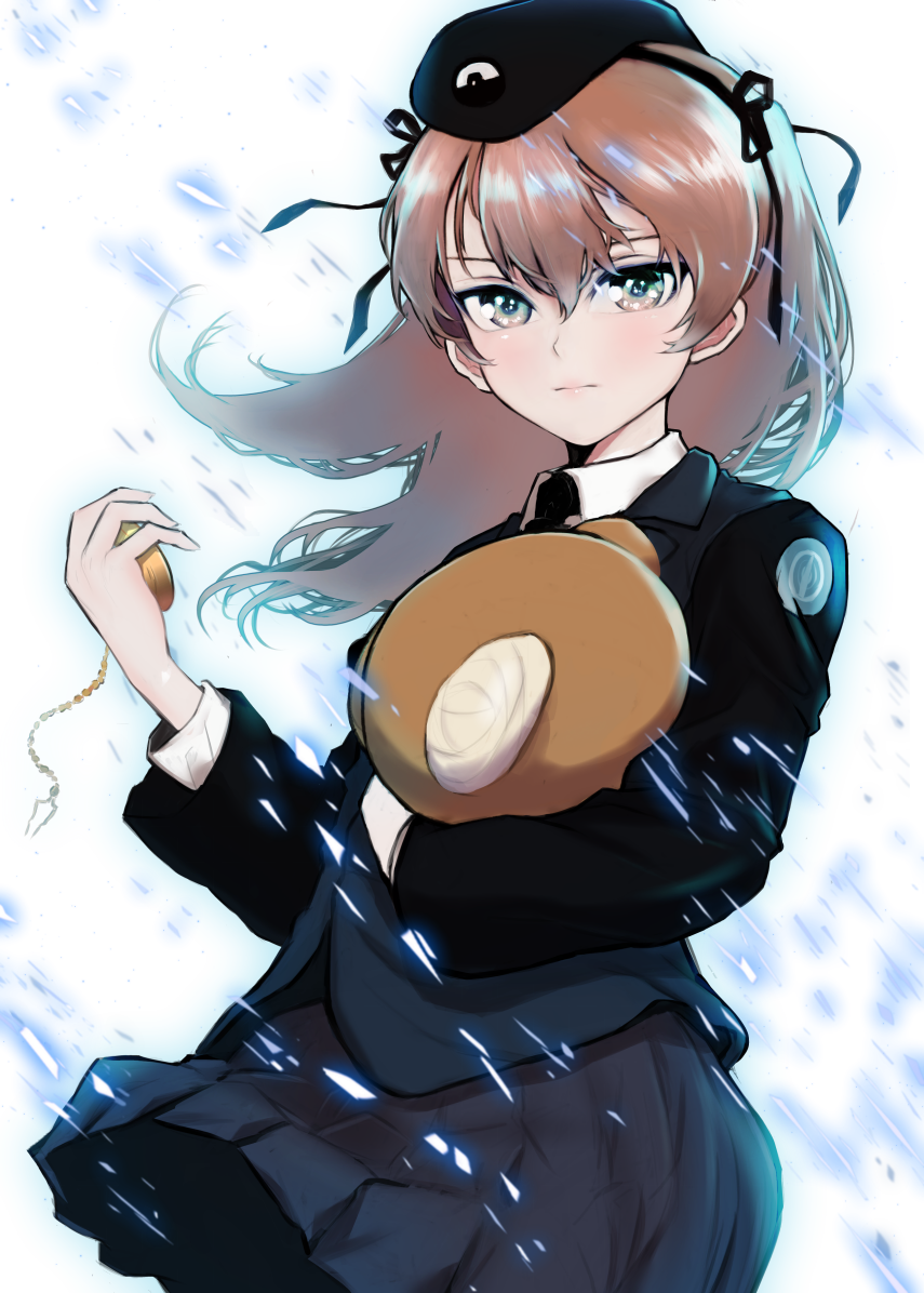 1girl, bangs, beret, black_hat, black_jacket, black_necktie, black_ribbon, black_skirt, boko_(girls_und_panzer), brown_eyes, closed_mouth, dress_shirt, emblem, girls_und_panzer, hair_ribbon, hat, holding, holding_stuffed_animal, jacket, japanese_tankery_league_(emblem), light_brown_hair, light_particles, long_hair, long_sleeves, looking_at_viewer, military, military_hat, military_uniform, miniskirt, mityubi, necktie, pantyhose, pencil_skirt, pleated_skirt, pocket_watch, ribbon, selection_university_(emblem), selection_university_military_uniform, serious, shimada_arisu, shirt, side_ponytail, skirt, solo, standing, stuffed_animal, stuffed_toy, teddy_bear, uniform, upper_body, watch, white_shirt, wind