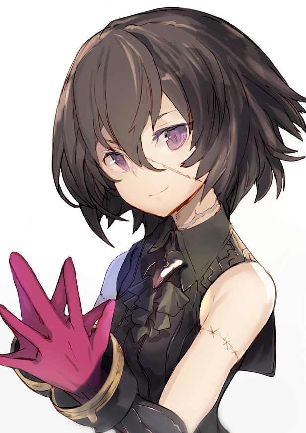 1girl, bangs, black_hair, black_shirt, closed_mouth, collared_shirt, fingers_together, gloves