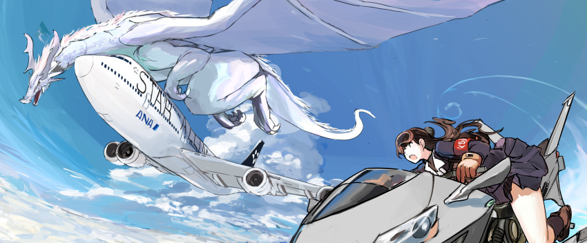 1girl, absurdres, aircraft, airplane, armband, blue_sky, brown_hair, clouds
