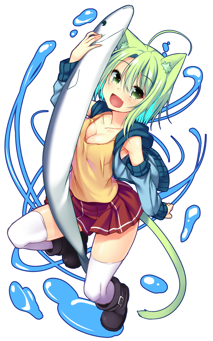 1girl, :d, animal_ears, bangs, black_boots, boots, breasts, cat_ears