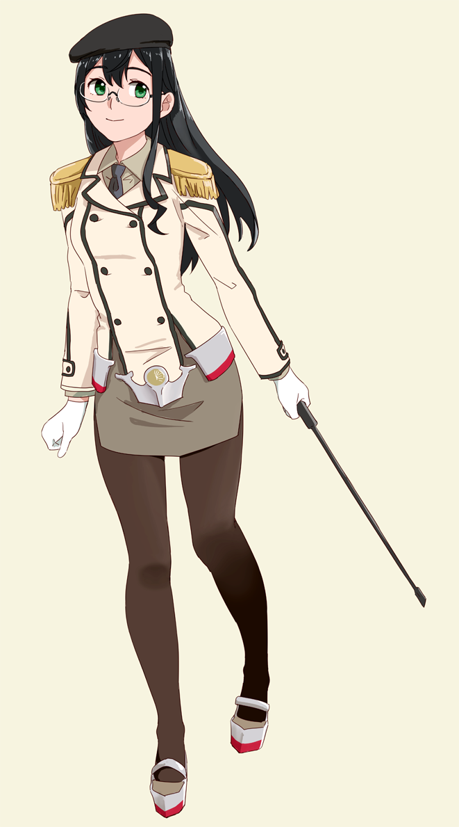 1girl, beige_background, beret, black_hair, cosplay, epaulettes, full_body, glasses