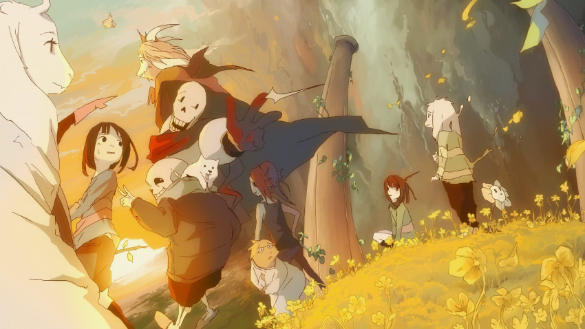 3girls, 5boys, alphys, androgynous, animal, annoying_dog, asgore_dreemurr, asriel_dreemurr, beard, bird, bird_that_carries_you_over_a_disproportionately_small_gap, black_eyes, blonde_hair, bossmonsterbani, brown_hair, cave, chara_(undertale), dog, eyepatch, facial_hair, flower, flowey_(undertale), frisk_(undertale), ghost, good_end, highres, hood, hoodie, horns, mettaton, mettaton_ex, monster_boy, monster_girl, multiple_boys, multiple_girls, papyrus_(undertale), ruins, sans_(undertale), shirt, skeleton, spoilers, stick, striped, striped_shirt, sunset, toriel, undertale, undyne