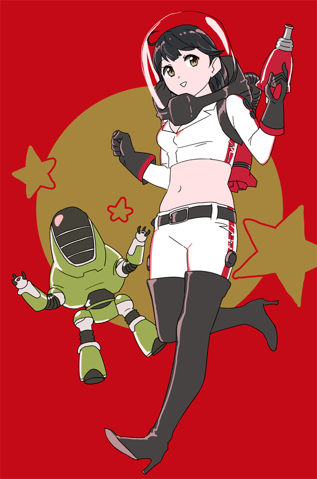 1girl, :d, ahoge, belt, black_boots, black_hair, boots, brown_eyes, fallout, full_body, gloves, gun, high_heel_boots, high_heels, kantai_collection, midriff, navel, ojipon, open_mouth, pants, protectron, red_background, robot, smile, star, thigh-highs, thigh_boots, ushio_(kantai_collection), weapon, white_pants