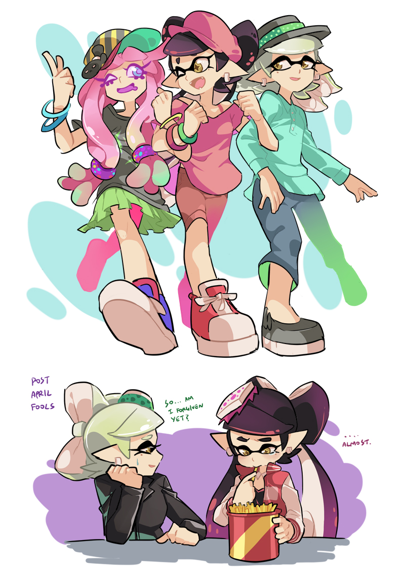 +_+, 3girls, ;p, aori_(splatoon), black_hair, black_hat, black_jacket, black_shirt