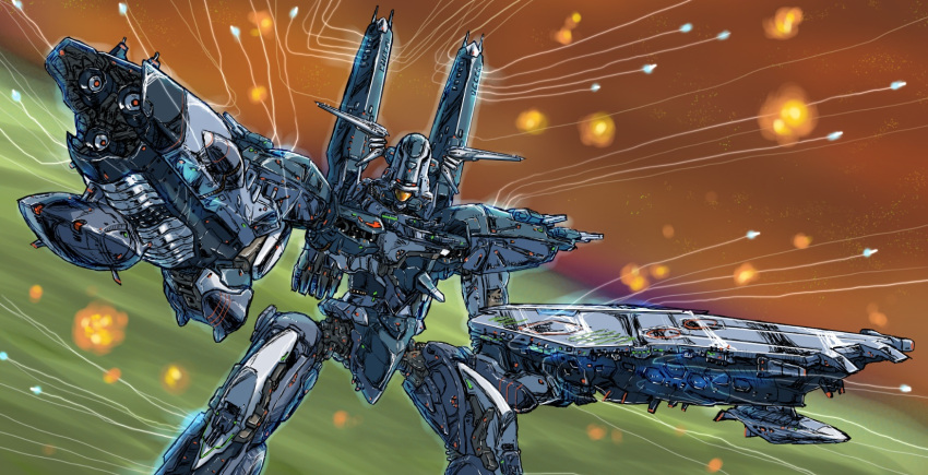 antennae, battle, commentary_request, condensation_trail, energy_cannon, explosion, highres, itano_circus