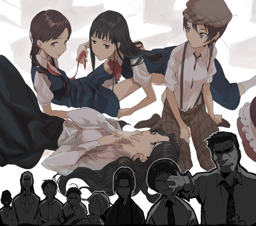 androgynous, bad_id, cabbie_hat, hat, kiba_shuutarou, mouryou_no_hako, multiple_girls, reverse_trap, school_uniform, short_hair, suspenders, tanu, yuri