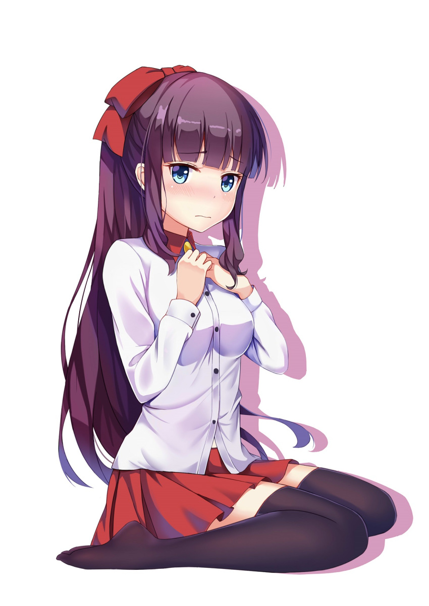 1girl, bangs, black_legwear, blue_eyes, blush, bow, eyebrows_visible_through_hair, hair_bow