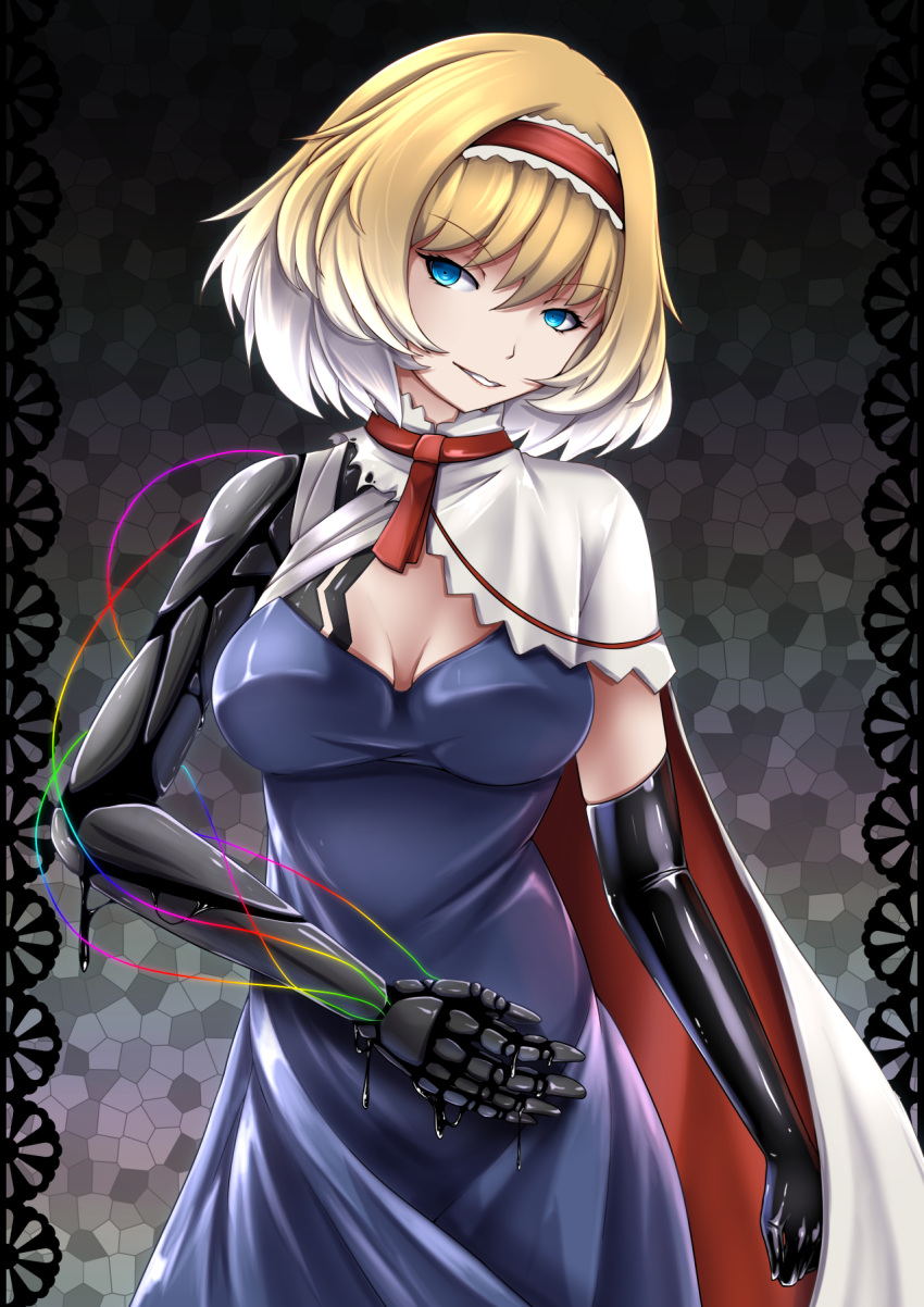 1girl, alice_margatroid, bangs, blonde_hair, blue_dress, blue_eyes, breasts, cape