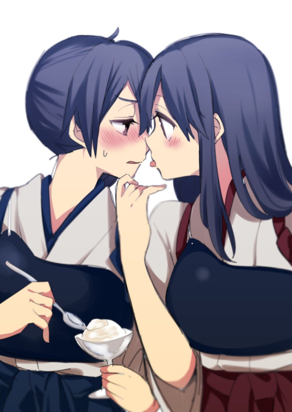 2girls, akagi_(kantai_collection), azumada, black_hair, blue_hakama, brown_eyes, commentary_request, dessert