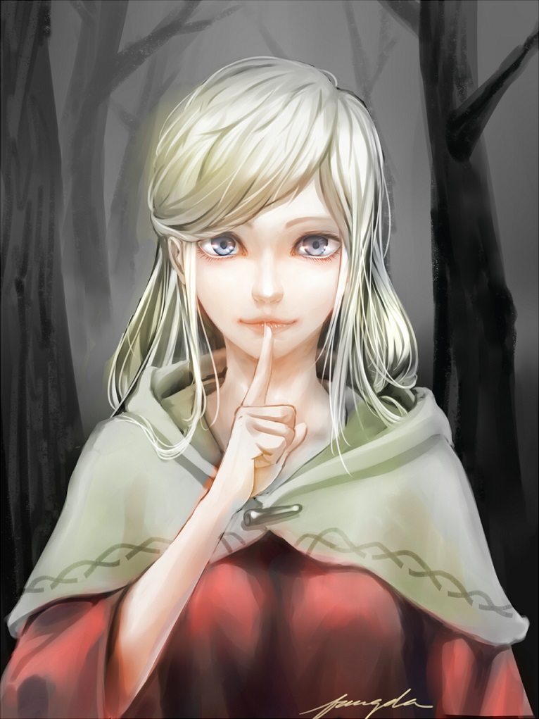 1girl, bangs, blue_eyes, cloak, eyelashes, finger_to_mouth, forest, hood