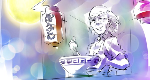 1boy, apron, bowl, food, iesupa, lantern, noodles, ramen
