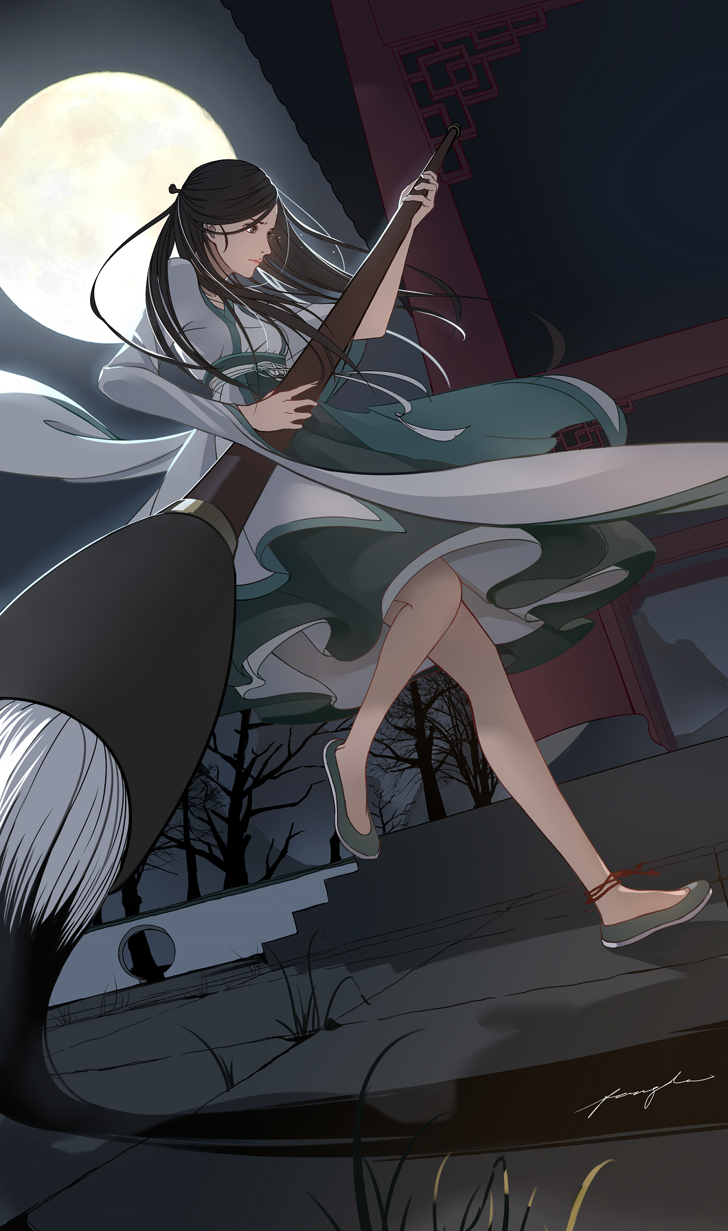 1girl, architecture, black_hair, chinese_clothes, east_asian_architecture, full_body, full_moon, hanfu, highres, houtachi, long_hair, long_sleeves, moon, night, original, oversized_object, paintbrush, solo, standing, tears, wide_sleeves