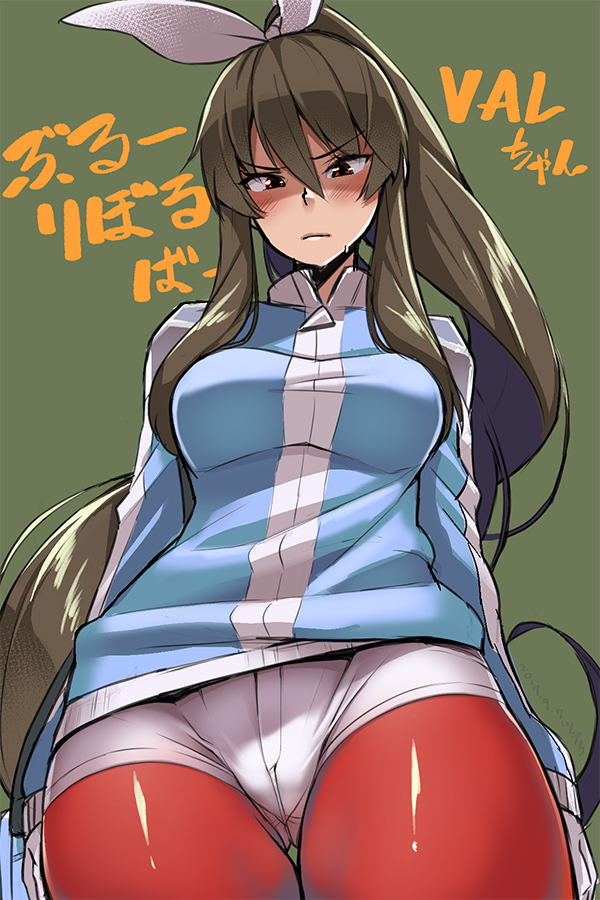 1girl, bangs, blue_revolver, blush, bow, brown_hair, gin_(ginshari), gluteal_fold