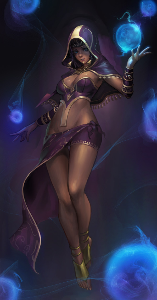 1girl, alternate_costume, anklet, bracer, braid, breasts, cleavage, crystal_ball