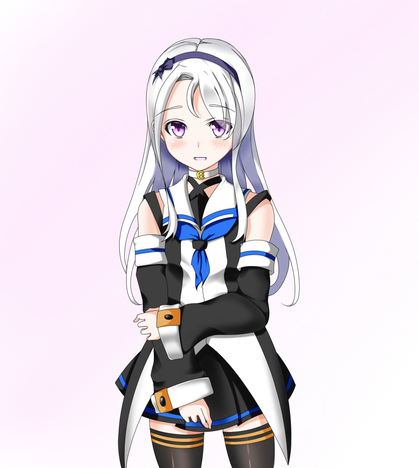 blush, cosplay, detached_sleeves, headband, highres, kantai_collection, long_hair, looking_at_viewer, open_mouth, sagiri_(kantai_collection), silver_hair, solo, thigh-highs, violet_eyes, yamakaze_(kantai_collection), yamakaze_(kantai_collection)_(cosplay)