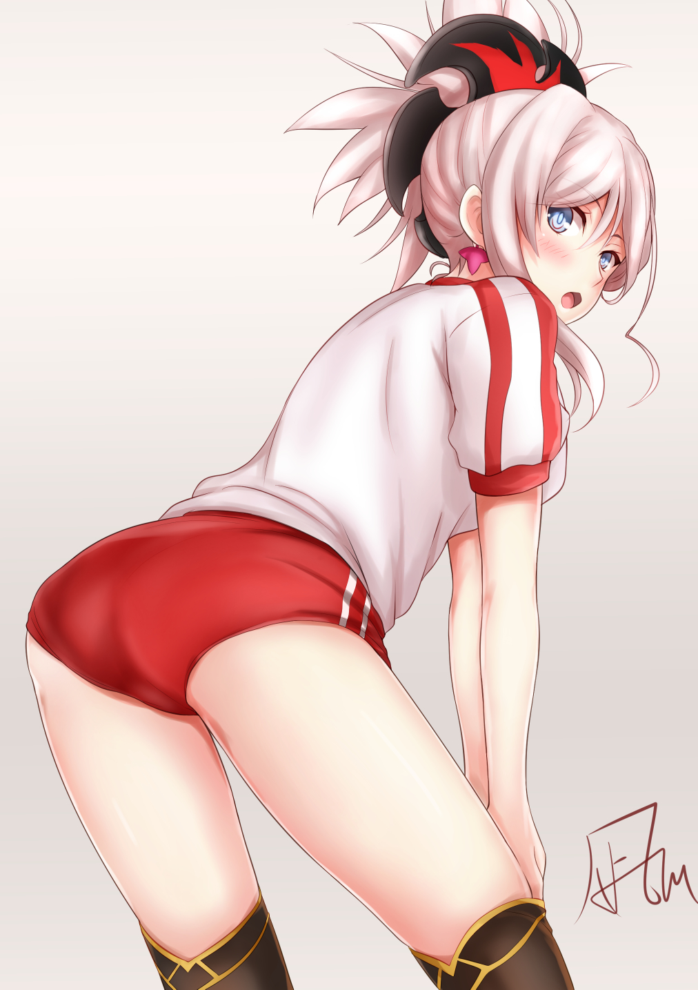 1girl, adjusting_clothes, adjusting_legwear, ass, blue_eyes, blush, buruma, earrings
