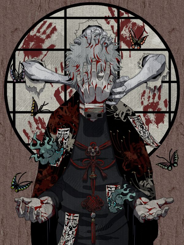 1boy, black_shirt, blood, boku_no_hero_academia, butterfly, charm_(object), covering_face, detached_hand