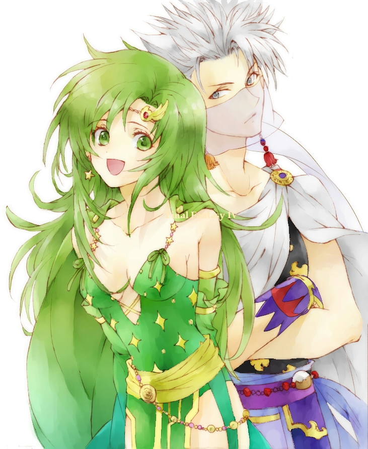 1boy, 1girl, :d, arms_behind_back, asymmetrical_bangs, bangs, black_shirt, breasts, cape, cleavage, closed_mouth, collarbone, copyright_name, cowboy_shot, dress, earrings, edward_geraldine, eyebrows_visible_through_hair, final_fantasy, final_fantasy_iv, gloves, green_cape, green_dress, green_eyes, green_hair, grey_eyes, jewelry, long_hair, looking_at_another, looking_at_viewer, mochineko, older, open_mouth, purple_gloves, rydia, sash, see-through, shirt, short_hair, silver_hair, simple_background, sleeveless, sleeveless_shirt, small_breasts, smile, spoilers, standing, star, star_earrings, tiara, veil, white_background