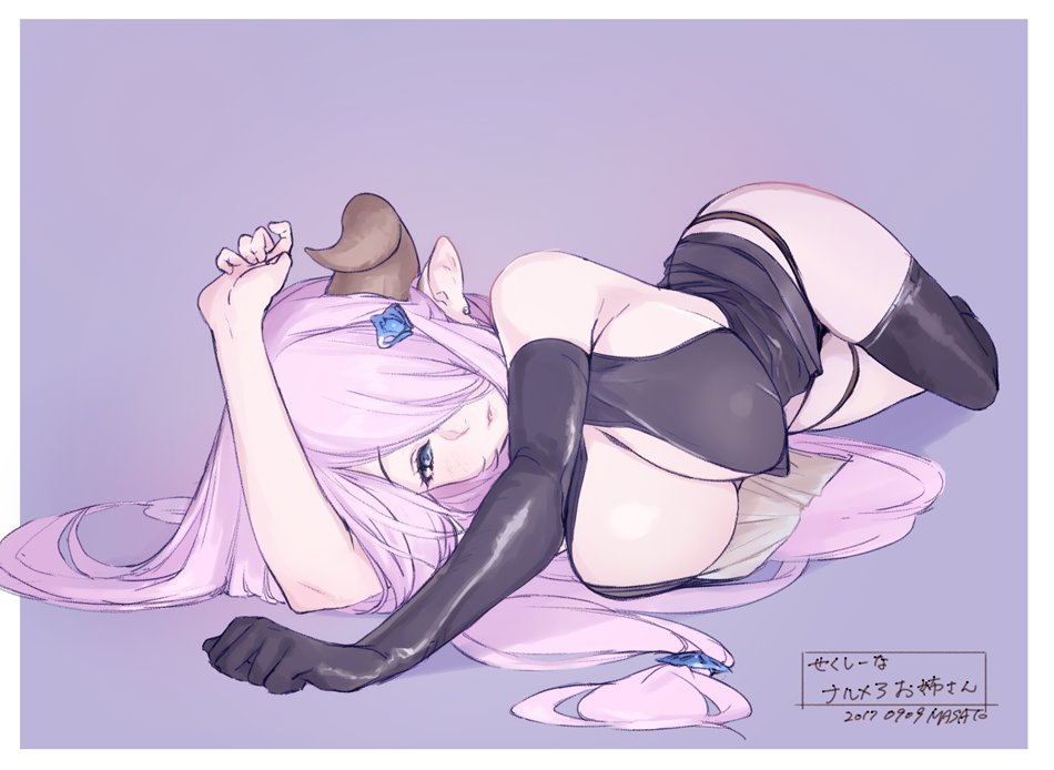 1girl, arms_up, bare_shoulders, black_gloves, black_legwear, black_panties, blue_eyes, breasts